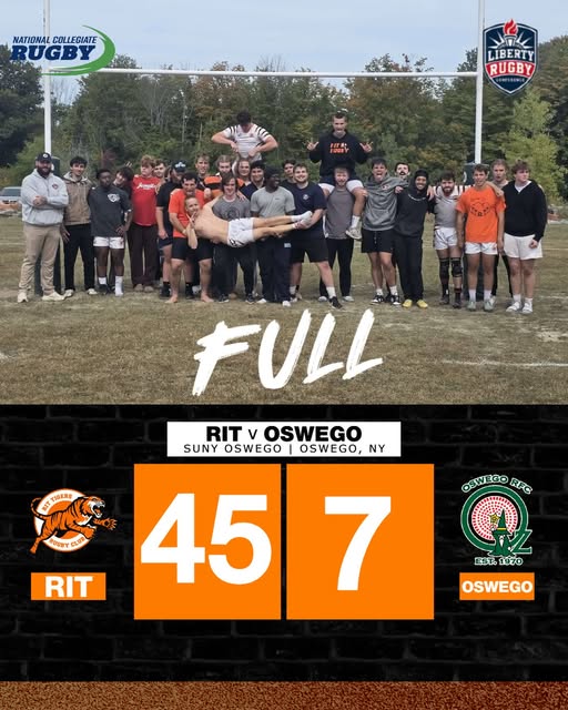 Team photo under the posts with the final score, RIT 45, Oswego 7